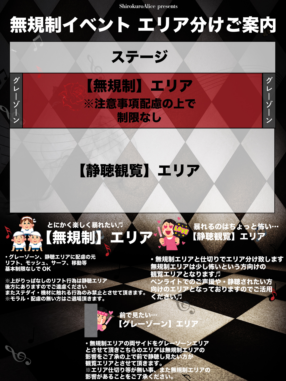 前方無規制・後方静聴・両サイドグレーゾーンのエリア案内